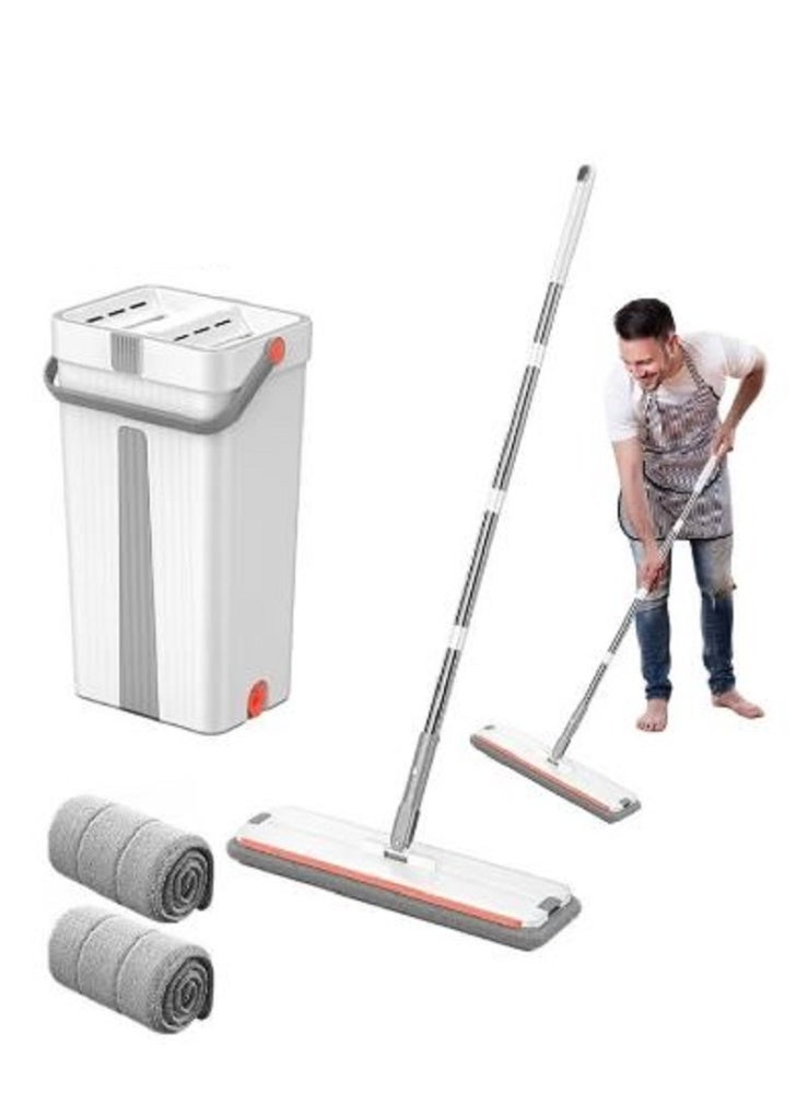 Flat floor mop set with bucket, wringer and two washable microfiber pads. - Image 1